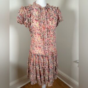 Rebecca Taylor Peach Floral Ruffle Cotton Silk Dress Size 6